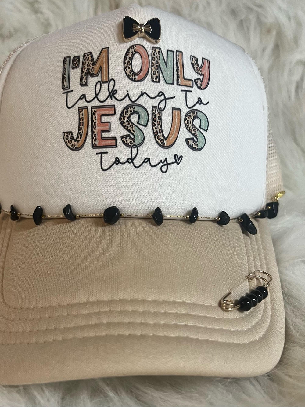DIY Trucker  Tan White Mesh SnapBack Adjustable Women Religious Black Chain &Pin